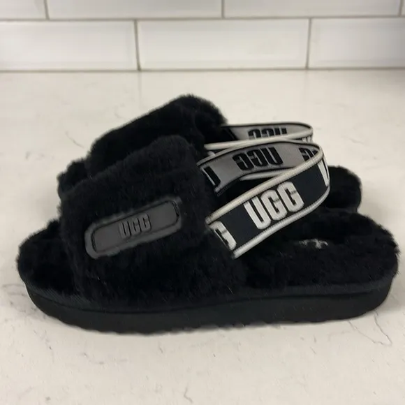 UGG Disco Slide Kids Black Fluffy Sandals - Slippers Size 13