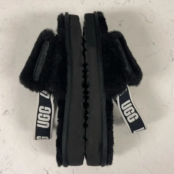 UGG Disco Slide Kids Black Fluffy Sandals - Slippers Size 13