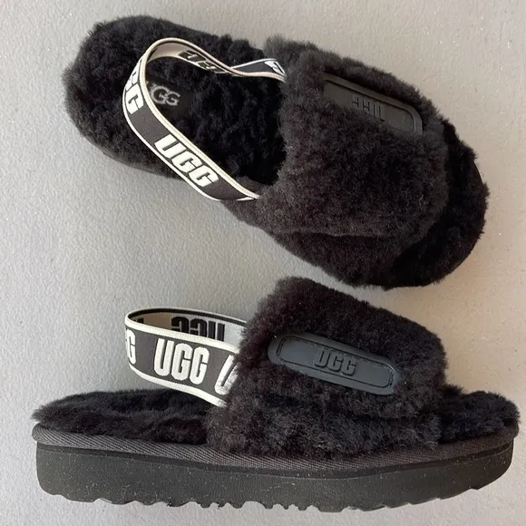 UGG Disco Slide Kids Black Fluffy Sandals - Slippers Size 13
