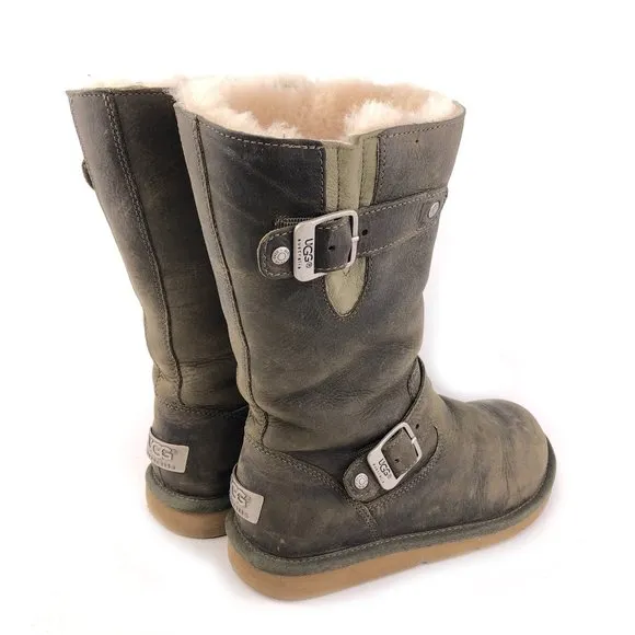 UGG Kensington Olive Leather Pull on Sheepskin Winter Boots 7