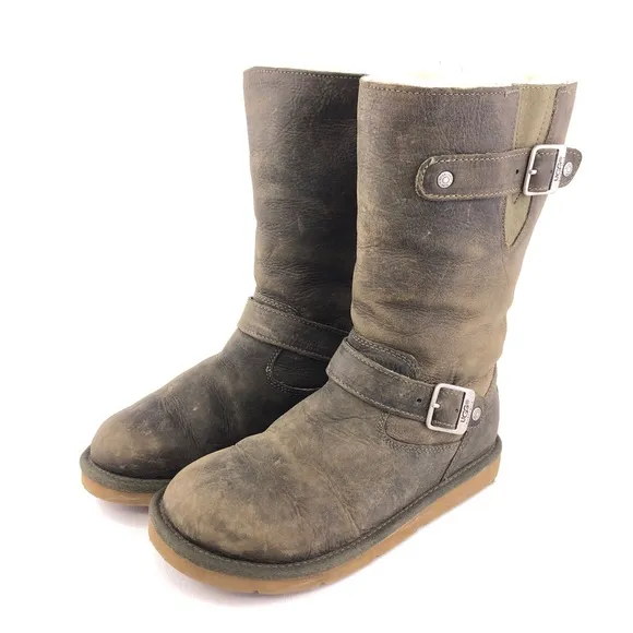 UGG Kensington Olive Leather Pull on Sheepskin Winter Boots 7