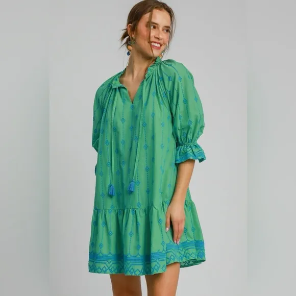 Umgee Full Size Tassel Embroidered Flounce Sleeve Mini Dress Plus Size⭐️