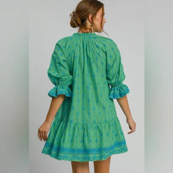 Umgee Full Size Tassel Embroidered Flounce Sleeve Mini Dress Plus Size⭐️