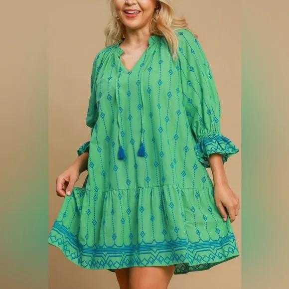 Umgee Full Size Tassel Embroidered Flounce Sleeve Mini Dress Plus Size⭐️