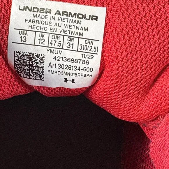Under Armour HOVR Intake Men’s 13 Red Black athletic shoes 3026134-600