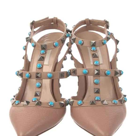 Valentino Tan Gold Studded Heels