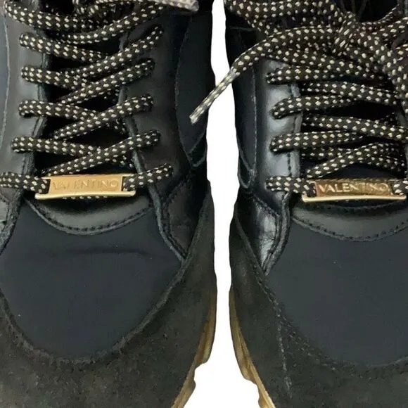 Valentino Mario Valentino Black Gold Theo Womens Designer Lace Up Sneakers Sz 10