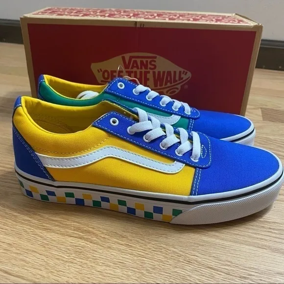 Vans Ward Primary Colors Sneakers Shoes NWT Sz 6 Youth Kids Yellow Blue Checker