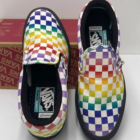 Vans WMNS Classic Multicolor Checkerboard Slip-On Shoes Sneakers Rainbow Pride