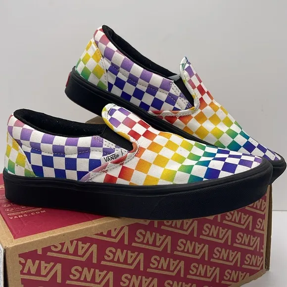 Vans WMNS Classic Multicolor Checkerboard Slip-On Shoes Sneakers Rainbow Pride