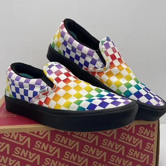 Vans WMNS Classic Multicolor Checkerboard Slip-On Shoes Sneakers Rainbow Pride