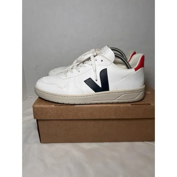 VEJA V-10 Sneakers Womens Size 11 White Red Blue Leather Nautico Pekin with BOX.