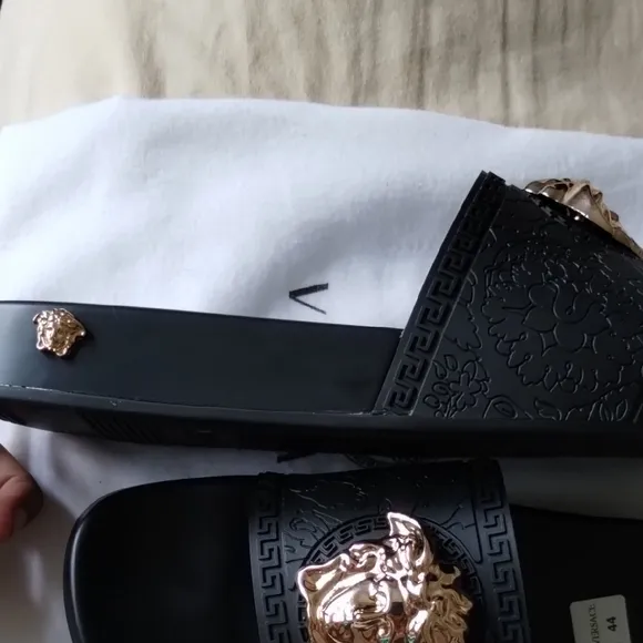 Versace Black and Gold Sandals with Signature Medusa Design