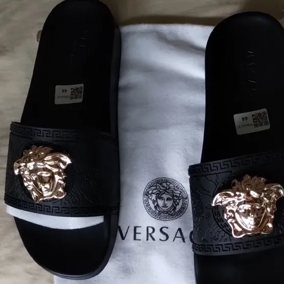 Versace Black and Gold Sandals with Signature Medusa Design