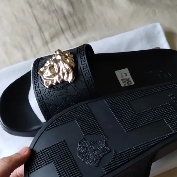 Versace Black and Gold Sandals with Signature Medusa Design