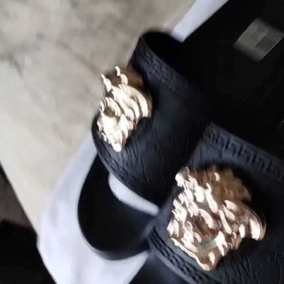Versace Black and Gold Sandals with Signature Medusa Design