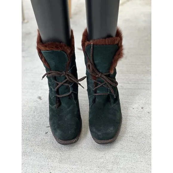 Vicini Italy Women’s EU 37.5 | US 7.5 Green Suede Fur Lined Lace Up Winter Boots