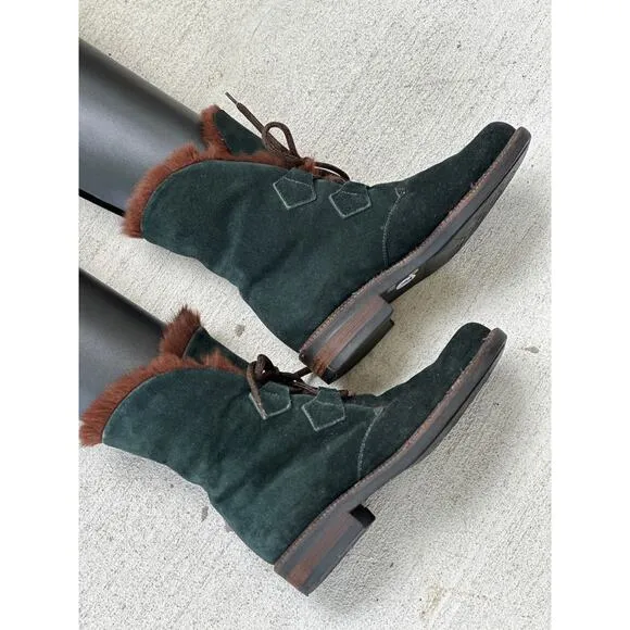Vicini Italy Women’s EU 37.5 | US 7.5 Green Suede Fur Lined Lace Up Winter Boots