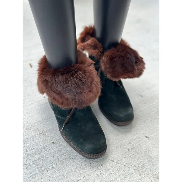 Vicini Italy Women’s EU 37.5 | US 7.5 Green Suede Fur Lined Lace Up Winter Boots