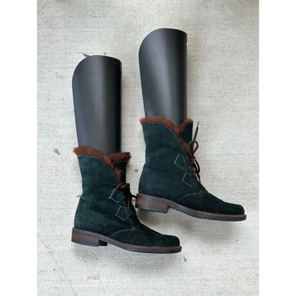 Vicini Italy Women’s EU 37.5 | US 7.5 Green Suede Fur Lined Lace Up Winter Boots