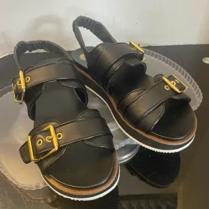 Vince Camuto Anivay Leather Slide Sandal Black with Gold Buckles Women’s Size 11