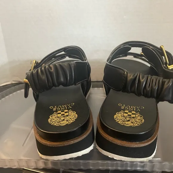 Vince Camuto Anivay Leather Slide Sandal Black with Gold Buckles Women’s Size 11