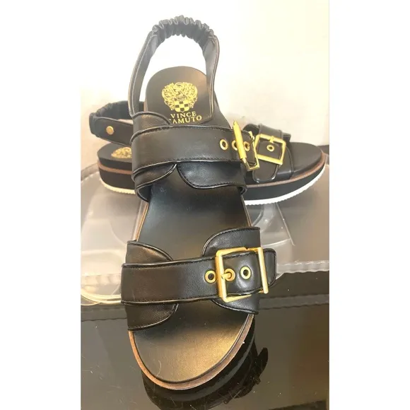 Vince Camuto Anivay Leather Slide Sandal Black with Gold Buckles Women’s Size 11