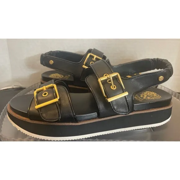 Vince Camuto Anivay Leather Slide Sandal Black with Gold Buckles Women’s Size 11