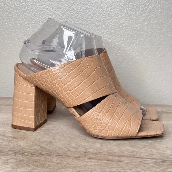 Vince Nelda Cutout Croc‎ Embossed Leather Heeled Mules Size 8.5