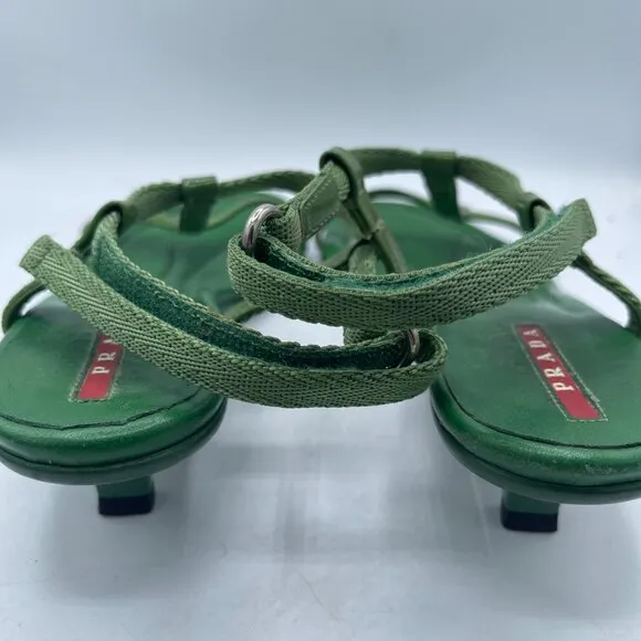 Vintage Prada Green Leather Kitten Heel Sandals – Size 36.5 Y2K