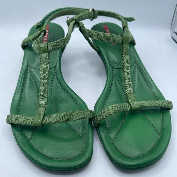 Vintage Prada Green Leather Kitten Heel Sandals – Size 36.5 Y2K