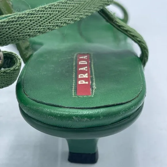 Vintage Prada Green Leather Kitten Heel Sandals – Size 36.5 Y2K