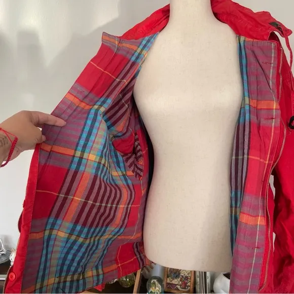 VINTAGE RAF ROUGHWEAR Red Plaid Lined Oversized Zip Up Hooded Jacket