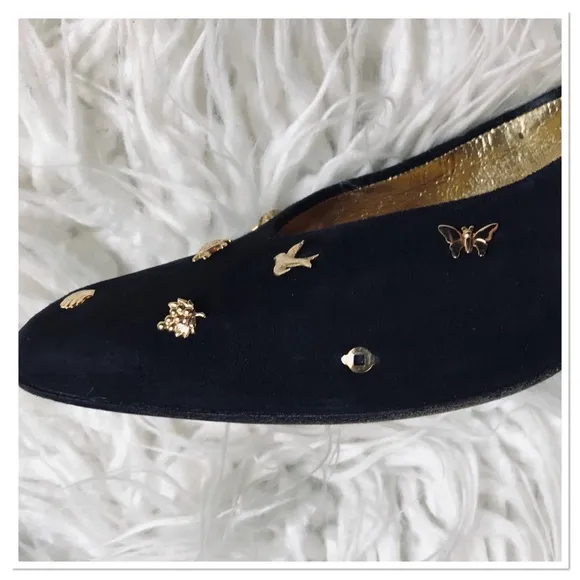 Vintage Zalo Studded Shoes Black Suede Gold Studs Small Heel Size 8.5