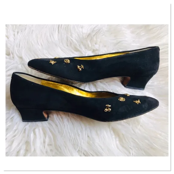 Vintage Zalo Studded Shoes Black Suede Gold Studs Small Heel Size 8.5