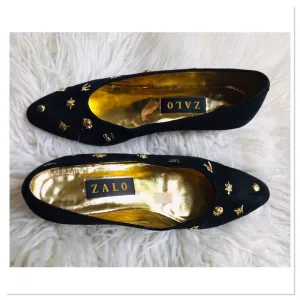Vintage Zalo Studded Shoes Black Suede Gold Studs Small Heel Size 8.5