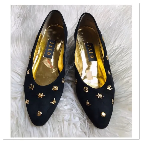 Vintage Zalo Studded Shoes Black Suede Gold Studs Small Heel Size 8.5
