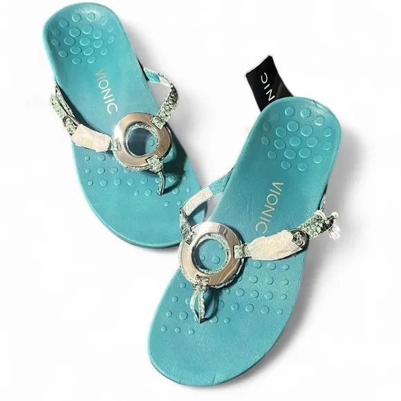 Vionic Sandals Flip Flops Sz 7 Karina Turquoise w/Orthaheel Technology Comfort