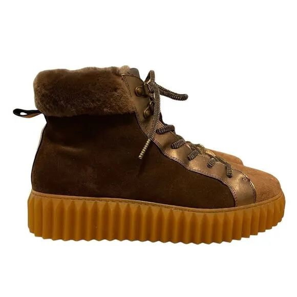 Voile Blanche Fiona Shearling &amp; Metallic Leather Women's Hiking Boots Size 38EU