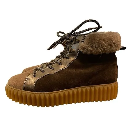 Voile Blanche Fiona Shearling &amp; Metallic Leather Women's Hiking Boots Size 38EU