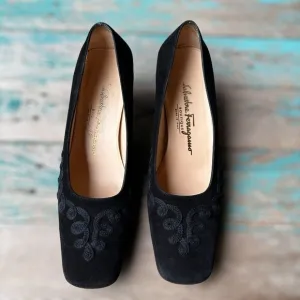 VTG Salvatore Ferragamo‎ Boutique Pumps Shoes Black Suede Heels Women's Size 8 B