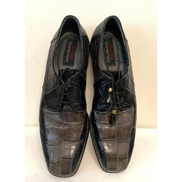 Vtg VITTORIO PONTI Dress Shoes Men's 14 Croc Leather Loafers Patchwork Black