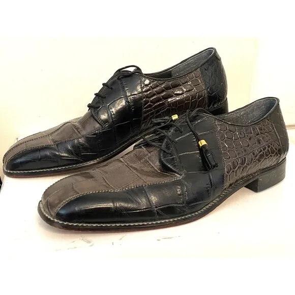 Vtg VITTORIO PONTI Dress Shoes Men's 14 Croc Leather Loafers Patchwork Black