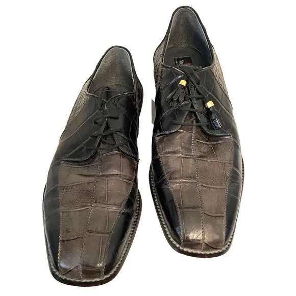 Vtg VITTORIO PONTI Dress Shoes Men's 14 Croc Leather Loafers Patchwork Black