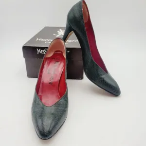 Vtg YVES SAINT LAURENT Green Python Triboo Heels Pumps Sz 6.5 Made In Italy