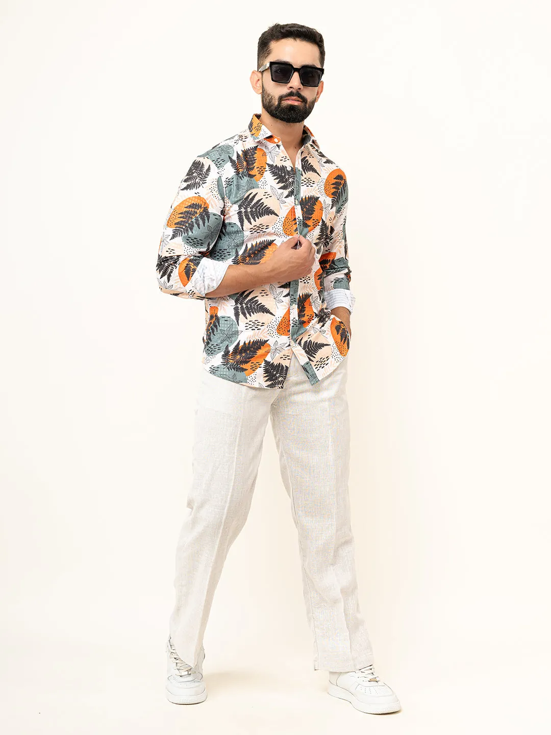 White Leaf With Flower Full Sleeve Printed Shirts For Men
