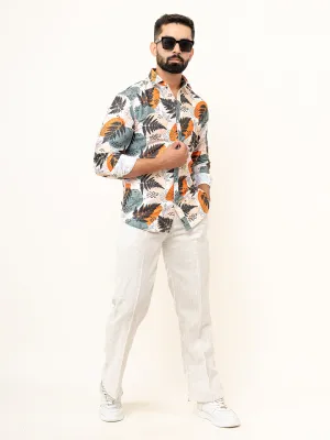 White Leaf With Flower Full Sleeve Printed Shirts For Men
