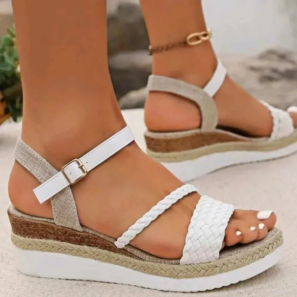 White Woven Strap Wedge Thick Platform Sandals With Jute Bottom And Cross Strap