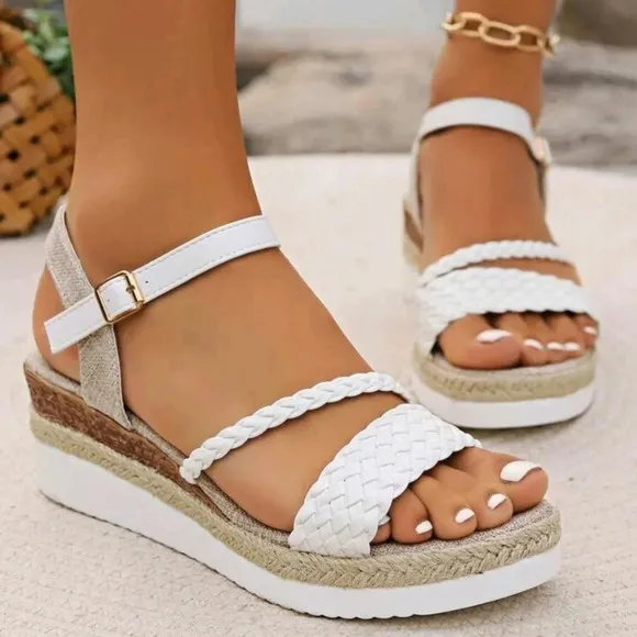 White Woven Strap Wedge Thick Platform Sandals With Jute Bottom And Cross Strap
