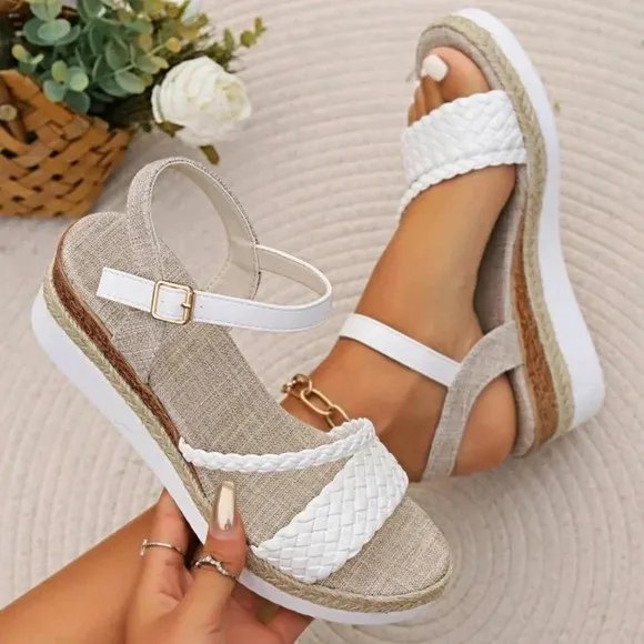 White Woven Strap Wedge Thick Platform Sandals With Jute Bottom And Cross Strap